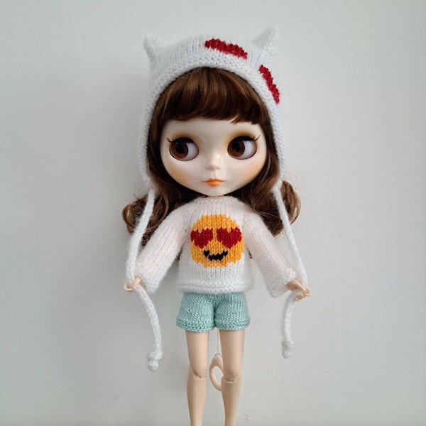 Sweater with embroidery for Blythe Hat with ears for Blythe Blythe outfit Blythe dolls clothes Knit clothes Blythe Knitted doll sweater