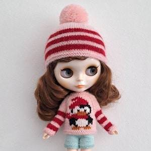 Knitted set of clothes for Blythe Hat Blythe Embroidered sweater Blythe Hand knit clothes for dolls Hand knitted dolls clothes