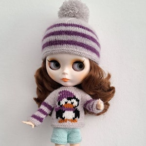 Knitted set of clothes for Blythe Hat Blythe Embroidered sweater Blythe Hand knit clothes for dolls Hand knitted dolls clothes