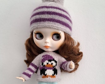 Knitted set of clothes for Blythe Hat Blythe Embroidered sweater Blythe Hand knit clothes for dolls Hand knitted dolls clothes
