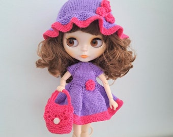 Summer clothing set Blythe Knitted dress Blythe Knitted panama hat Blythe Handmade bag doll Knitted clothes Blythe Hand knit clothes doll