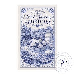 May include: A blue and white decorative print featuring a black raspberry shortcake scene. The image includes a bowl of shortcake topped with whipped cream, a milk bottle, and the text "Old Fashioned Black Raspberry Shortcake."