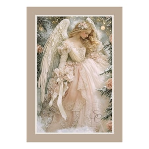 May include: A digital illustration of an angel with large feathered wings, wearing a layered, pale pink gown with lace details and floral accents. The figure has long blonde hair adorned with flowers, set against a snowy, pine-filled background.