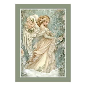 May include: A watercolor painting of an angel in a cream-colored gown with large white wings adorned with roses. The angel is surrounded by winter foliage and snow, with a soft, ethereal glow. The artwork is framed in a muted green.