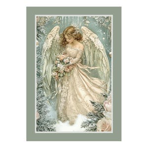 May include: An illustration of an angel in a cream-colored gown, holding a bouquet of pink and white roses. The angel has large, feathered wings and is surrounded by a wintery scene with snow and frosted branches. The artwork is framed in a soft green border.