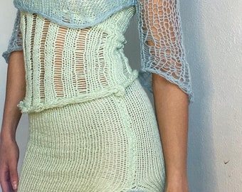 Ensemble de tricot, 3 pièces, vert pastel et bleu