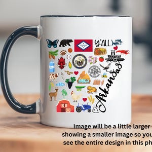 May include: White ceramic mug with a black handle and a colorful design of Arkansas state symbols, including the state flag, a pig, a chicken, a baseball, a river, a cabin, and the words "Y'all Arkansas".