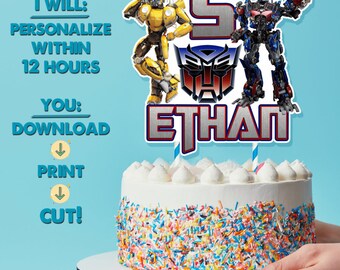 Topper per torta digitale Transformers, Topper per torta stampabile Bumblebee e Optimus, Topper per torta personalizzato per feste di compleanno