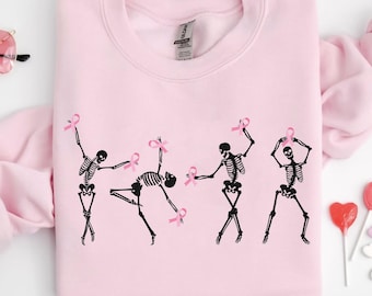 Chemise cancer du sein squelettes dansant, chemise cancer ruban rose squelettes, chemise cancer du sein Halloween, chemise mois cancer du sein, cancer