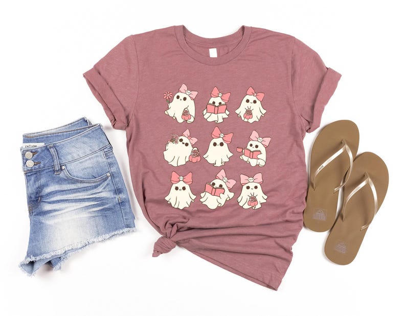 Retro Pink Ghost Shirt, Cute Pink Reading Ghost Sweater, Coquette Ghost Shirt, Cute Halloween Shirts, Cute Ghost Shirt, Halloween Ghost Tee image 2