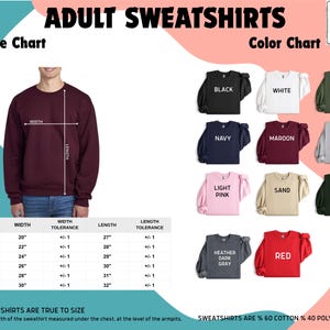 The image is an advertisement for adult sweatshirts, featuring a size chart and color chart with various color options and corresponding sweatshirt designs.