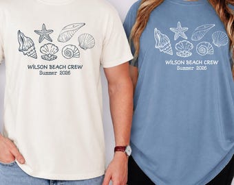 Comfort Colors Custom Family Name Summer Seashells Tee, Family Beach Vacation Shirt, Matching Family Shirts, Beach Crew Shirts, Summer Tee