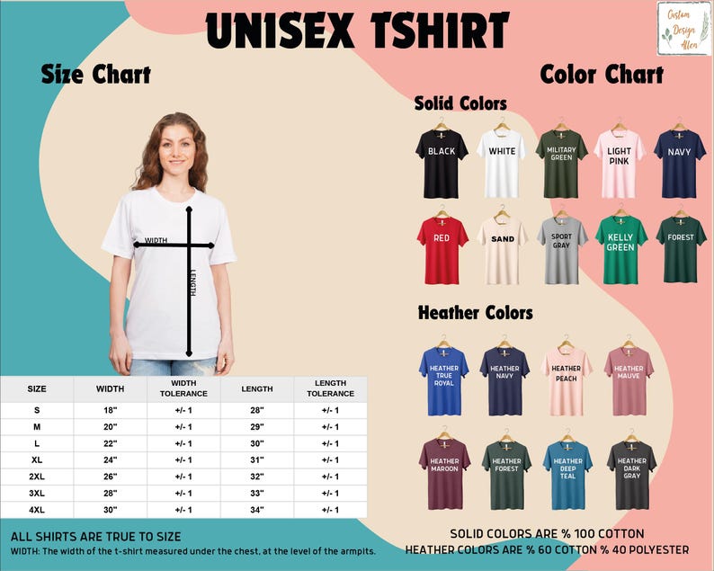 The image is a size chart and color chart for a unisex t-shirt. It features a woman standing next to a white t-shirt with measurements and a list of solid colors available in different sizes.