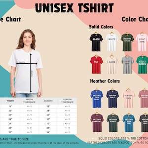The image is a size chart and color chart for a unisex t-shirt. It features a woman standing next to a white t-shirt with measurements and a list of solid colors available in different sizes.