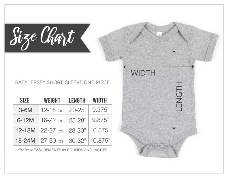 The image is a size chart for a baby's jersey short-sleeve one-piece, providing measurements in pounds and inches.