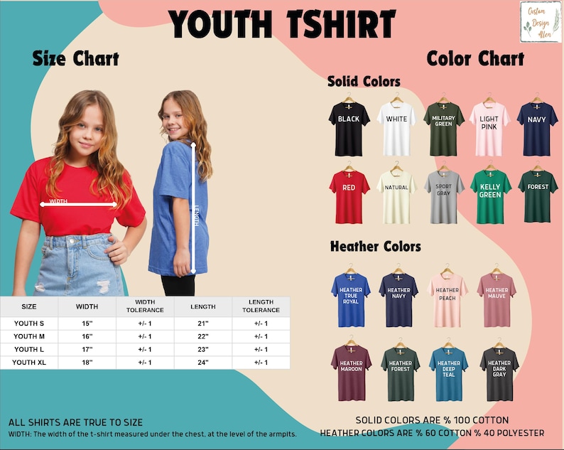 The image is a size chart and color chart for youth t-shirts, displaying the different solid colors and their corresponding t-shirt designs.