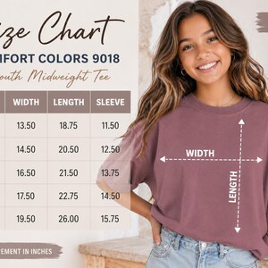 The image is a size chart for a youth midi-weight t-shirt, showing the measurements for different sizes (XS, S, M, L) along with the corresponding widths (13.50, 14.50, 16.50, 17.50) and lengths (18.75, 20.50, 21.75, 22.75) in inches. The chart also includes a diagram of the t-shirt with a width and length scale.