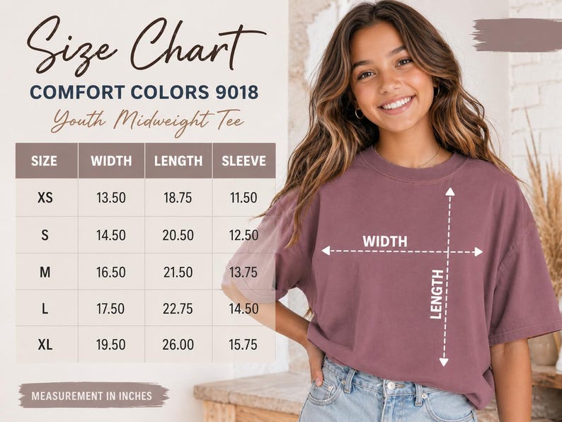 The image is a size chart for a youth midi-weight t-shirt, showing the measurements for different sizes (XS, S, M, L) along with the corresponding widths (13.50, 14.50, 16.50, 17.50) and lengths (18.75, 20.50, 21.75, 22.75) in inches. The chart also includes a diagram of the t-shirt with a width and length scale.