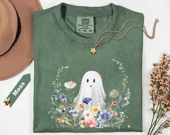 Comfort Colors® Cute Ghost in Wildflowers Shirt,  Spooky Season Shirt, Halloween Shirts, Ghost Shirt, Floral Halloween Shirt, Fall T-shirt