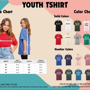 The image is a size chart and color chart for youth t-shirts, displaying the different solid colors and their corresponding t-shirt designs.