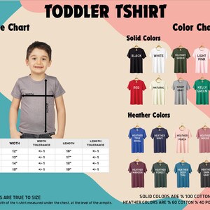 The image is a size chart and color chart for toddler shirts, providing measurements and color options for different age groups.