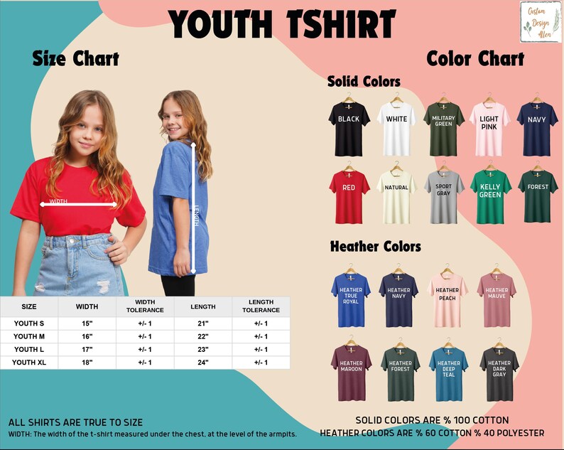 The image is a size chart and color chart for youth t-shirts, displaying the different solid colors and their corresponding t-shirt designs.