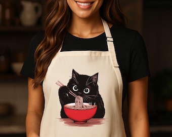 Noodle Cat Apron, Cat Lover, Black Cat, Ramen Cat Apron, Black Cat Noodle Apron, Baking Gift for Mom