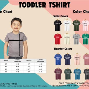 The image is a size chart and color chart for toddler shirts, providing measurements and color options for different age groups.