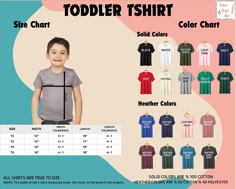 The image is a size chart and color chart for toddler shirts, providing measurements and color options for different age groups.