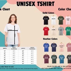 The image is a size chart and color chart for a unisex t-shirt. It features a woman standing next to a white t-shirt with measurements and a list of solid colors available in different sizes.