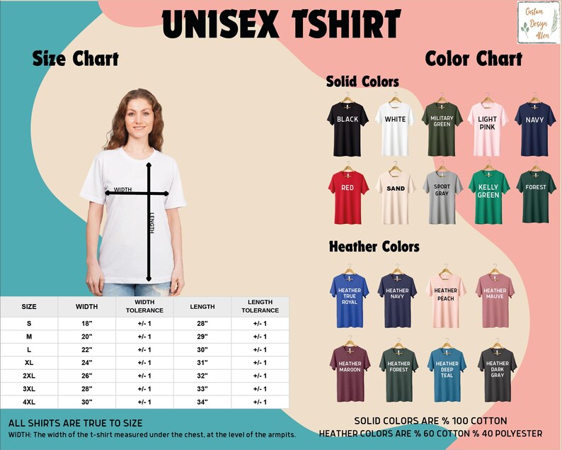 The image is a size chart and color chart for a unisex t-shirt. It features a woman standing next to a white t-shirt with measurements and a list of solid colors available in different sizes.