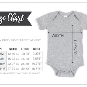 The image is a size chart for a baby's jersey short-sleeve one-piece, providing measurements in pounds and inches.