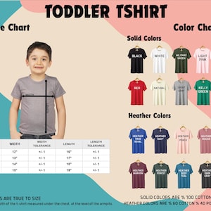 The image is a size chart and color chart for toddler shirts, providing measurements and color options for different age groups.