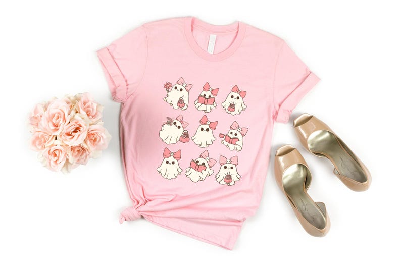 Retro Pink Ghost Shirt, Cute Pink Reading Ghost Sweater, Coquette Ghost Shirt, Cute Halloween Shirts, Cute Ghost Shirt, Halloween Ghost Tee image 6