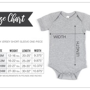The image is a size chart for a baby's jersey short-sleeve one-piece, providing measurements in pounds and inches.