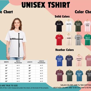 The image is a size chart and color chart for a unisex t-shirt. It features a woman standing next to a white t-shirt with measurements and a list of solid colors available in different sizes.