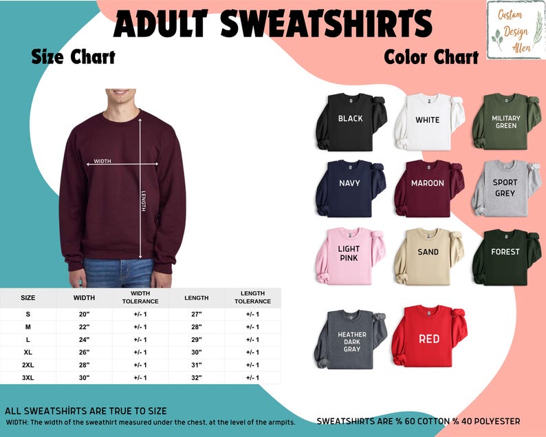 The image is an advertisement for adult sweatshirts, featuring a size chart and color chart with various color options and corresponding sweatshirt designs.