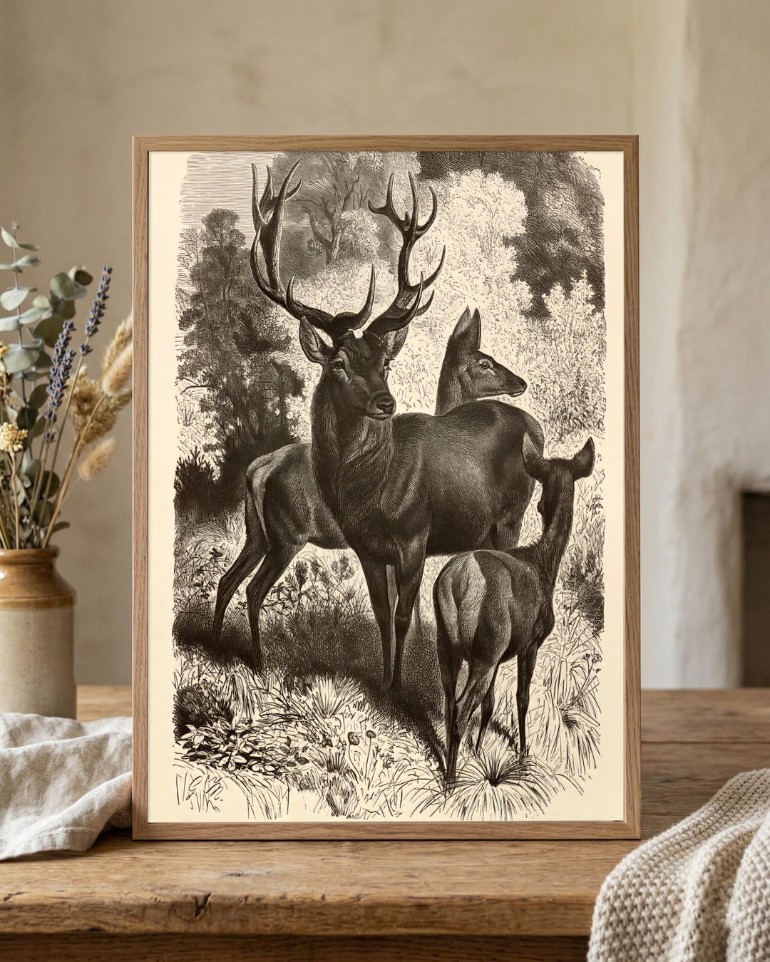 Vintage Deer Wall Art | Sepia Ink Stag Doe Print (digital Download) - Etsy