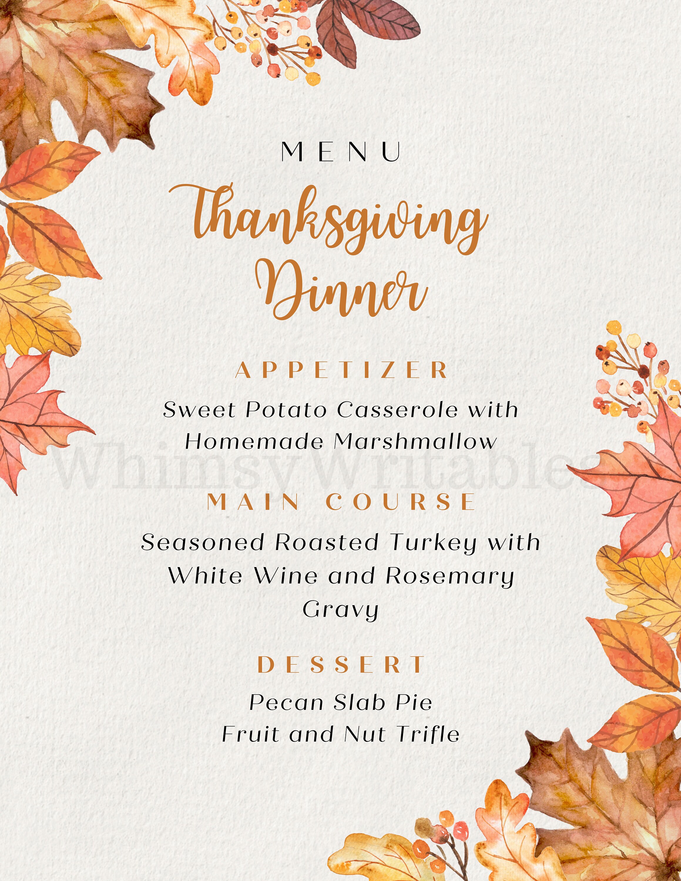 Thanksgiving Dinner Menu Template Leaf Printable Thanksgiving - Etsy