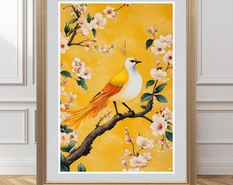 May include: A yellow and white bird with a long orange tail sits on a branch with white flowers against a yellow background.