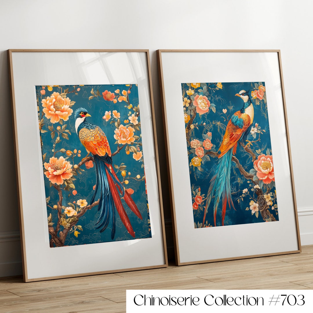 Chinoiserie Wall Art, Blue Floral Bird Print, Set of 2 Prints, Bedroom ...