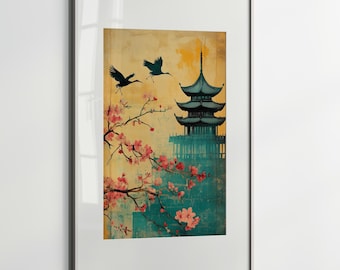 May include: A framed print with a vintage aesthetic featuring a pagoda with a blue roof and pink cherry blossoms. Two black birds fly in the sky above the pagoda. The text "Chinoiserie Collection #709" is printed below the image.