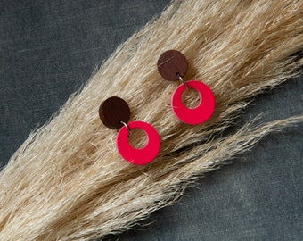 Lili Earrings - Wood and Pink Leather