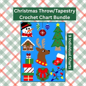 Puede incluir: Fondo azul con ilustraciones navideñas: muñeco de nieve, adornos, árbol de Navidad, casa de jengibre, reno, regalos, corona, calcetín y luces de cadena. Texto: "Christmas Throw/Tapestry Crochet Chart Bundle" y "9 Individual Charts."