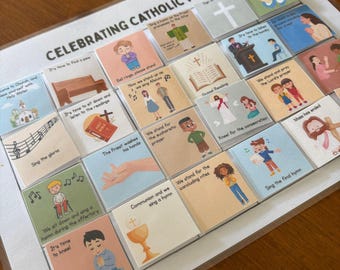 May include: A collection of small, illustrated cards with text, arranged on a white surface. The cards feature images and phrases related to Catholic Mass, such as "Celebrating Catholic Mass", "Sing the gloria", and "Communion and we sing a hymn".