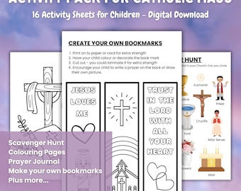 May include: Digital activity pack for Catholic Mass with 16 activity sheets for children. Includes coloring pages, a scavenger hunt, prayer journal, and instructions to create bookmarks. Features religious imagery such as a cross, church, and the text "Jesus Loves Me."