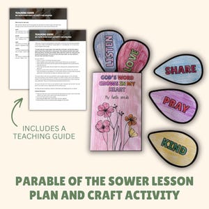 May include: A paper craft activity titled God's Word Grows in My Heart with a pink floral cover, five teardrop-shaped paper cutouts labeled Listen, Love, Share, Pray, and Kind, and two pages of printed teaching guide instructions for children.