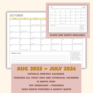 2025 - 2026 Academic Liturgical Catholic Monthly Calendar Planner, Printable, PDF Download, Catholic Woman, Catholic Mothers