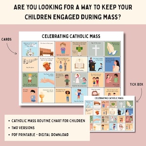 Può includere: Un grafico stampabile della routine della Messa cattolica per bambini, con illustrazioni colorate degli eventi della Messa. Il grafico include una casella di controllo ed è disponibile in due versioni. Il testo recita: "Celebrating Catholic Mass".