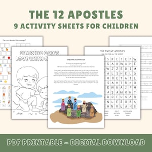 Puede incluir: Un conjunto de nueve hojas de actividades tituladas The 12 Apostles, con ilustraciones en blanco y negro, sopas de letras y texto. Las páginas incluyen una actividad de descifrado, una página para colorear y una ilustración a color.